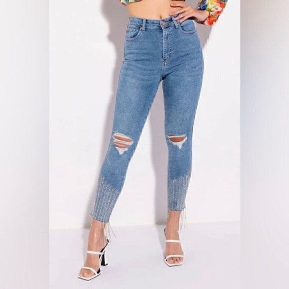 EUC - AKIRA Label Too Good High Waisted Rhinestone Fringe Skinny Jeans - Size 13 - Picture 1 of 15